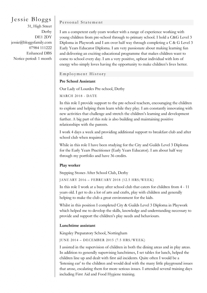 personal statement for childcare cv