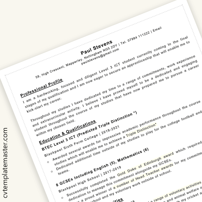 Apprenticeship Cv Example Template With Example Content In Word