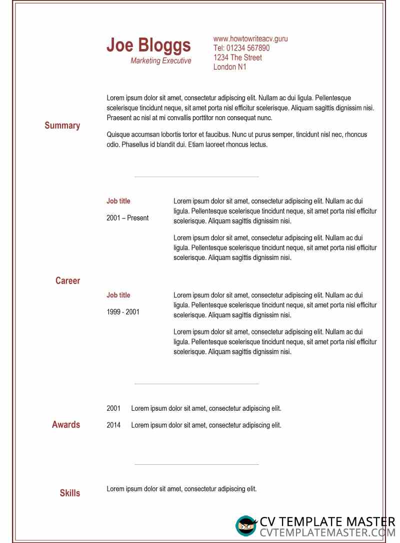 Two column narrow burgundy CV template - CV Template Master
