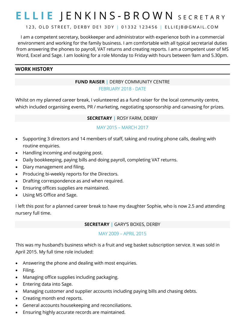 resume samples for mothers returning to workforce