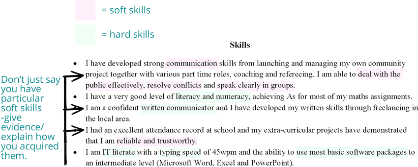 School leavers CV - skills section