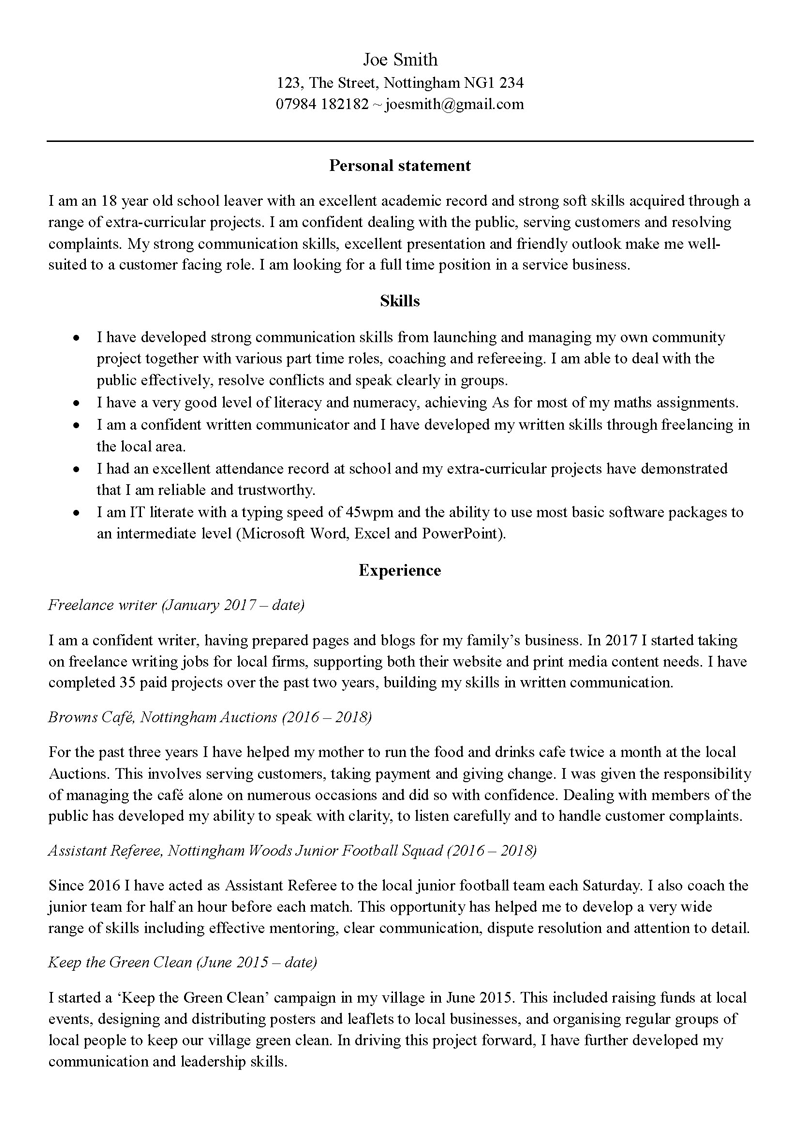 School leaver's CV example page 1